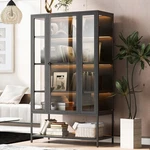 Black 67.25'' Tall Iron Display Cabinet Glass Door And Led Lights Steel Curio. Fixed Price $272.54.